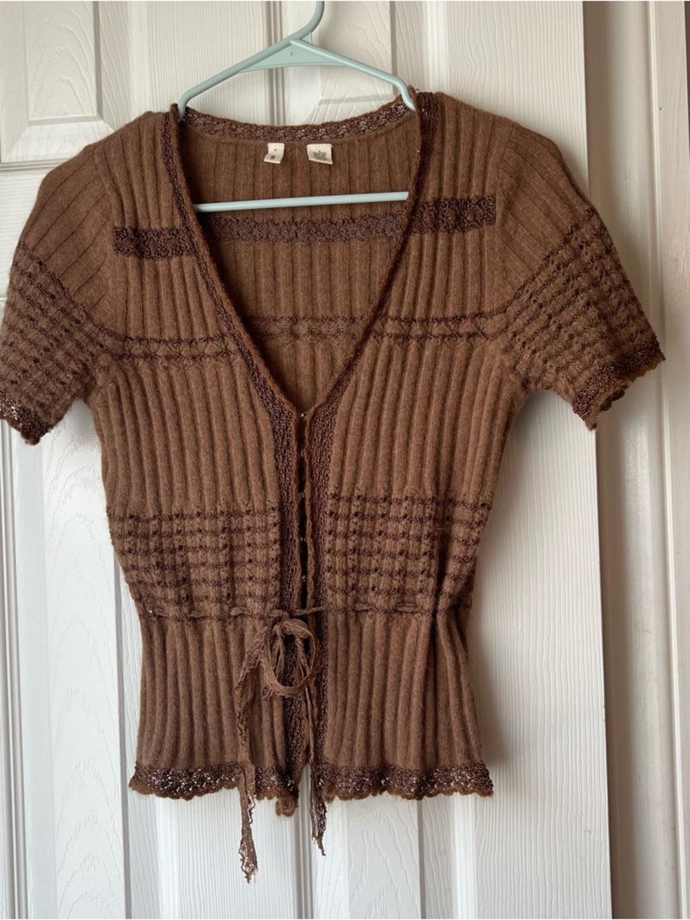 Moth Brown V-Neck Short Sleeve Tie-Front Knit Sweater